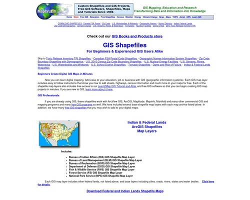 Download GIS Shapefiles - FSA, GNIS, zip code, climate, tornadoes, school districts, zip codes, dams , Indian and federal lands, toxic releases